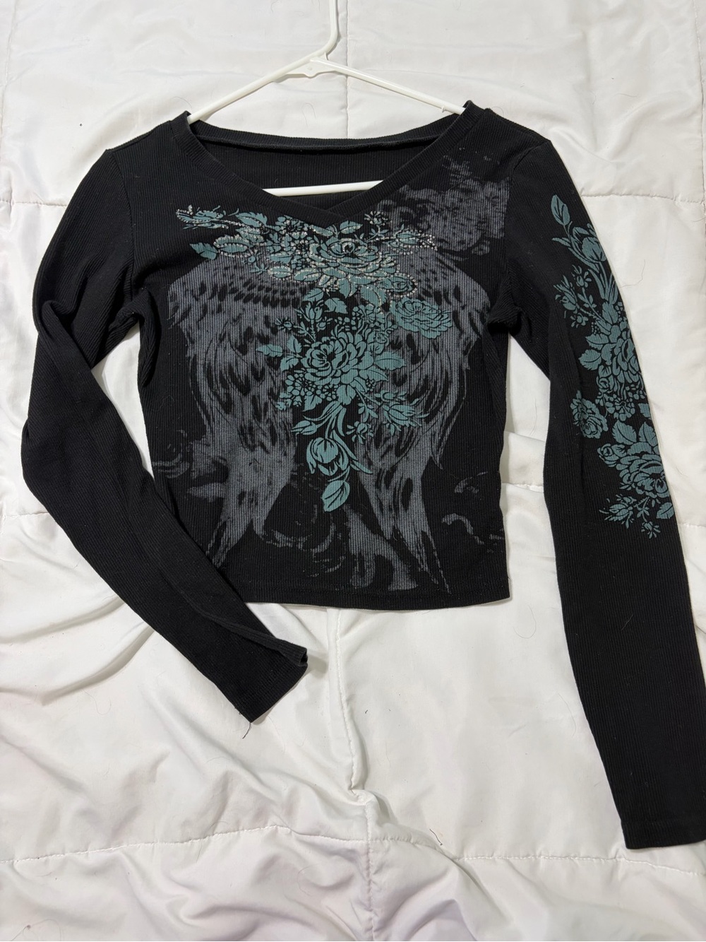 Black Long-Sleeve Floral Wing Graphic Top